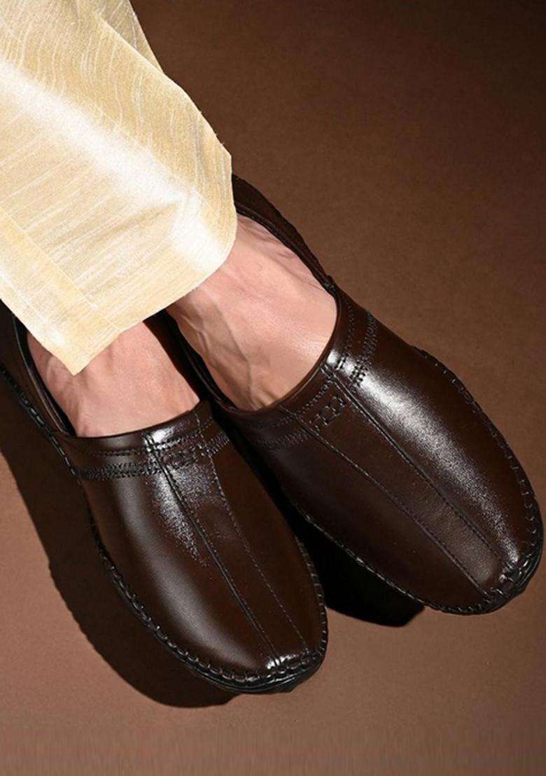 Louis Stitch Mens Brunette Brown Ethnic Slip on Mojaris Genuine Leather Stylish Nagra Juti for Men - Indya