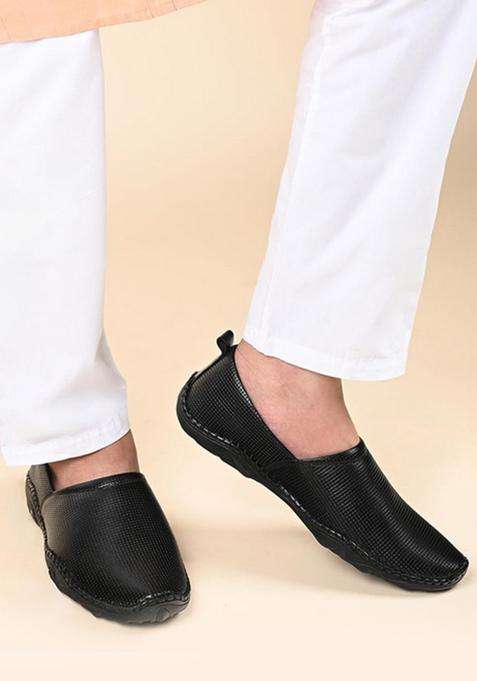 Louis Stitch Ethnic Slip on Mojaris for Men Black Genuine Leather Flexible Stylish Nagra Juti for Men