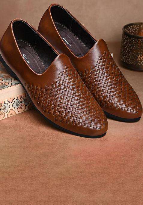 Louis Stitch Mens Russet Tan Ethnic Weaved Textured Slip on Mojaris
