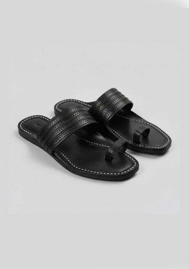 Niira Black Mens Leather Toe Loop Sandals Traditional Open Slip on Flats - Indya