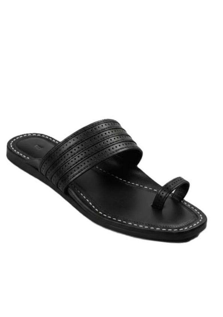 Niira Black Mens Leather Toe Loop Sandals Traditional Open Slip on Flats - Indya