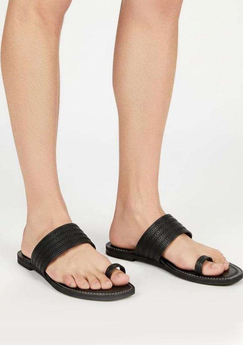 Niira Black Mens Leather Toe Loop Sandals Traditional Open Slip on Flats - Indya