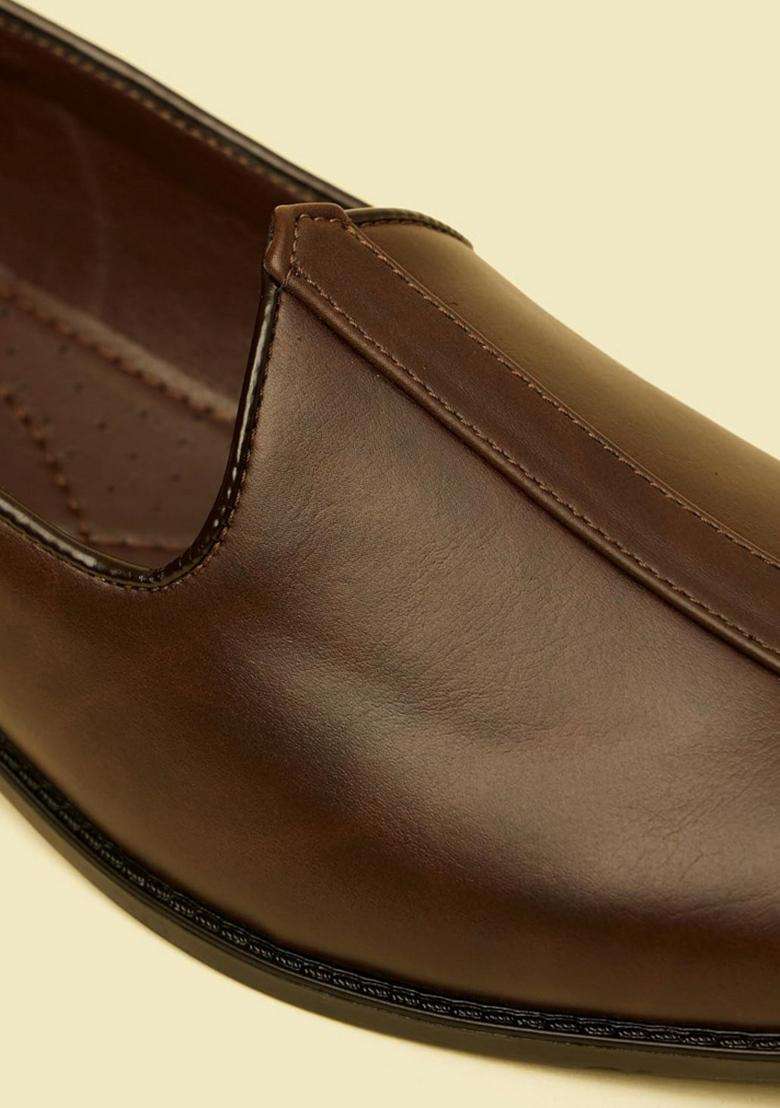 Manyavar Brown Detailed Piping Loafers Style Shoes Mens Ethnic Jutti - Indya