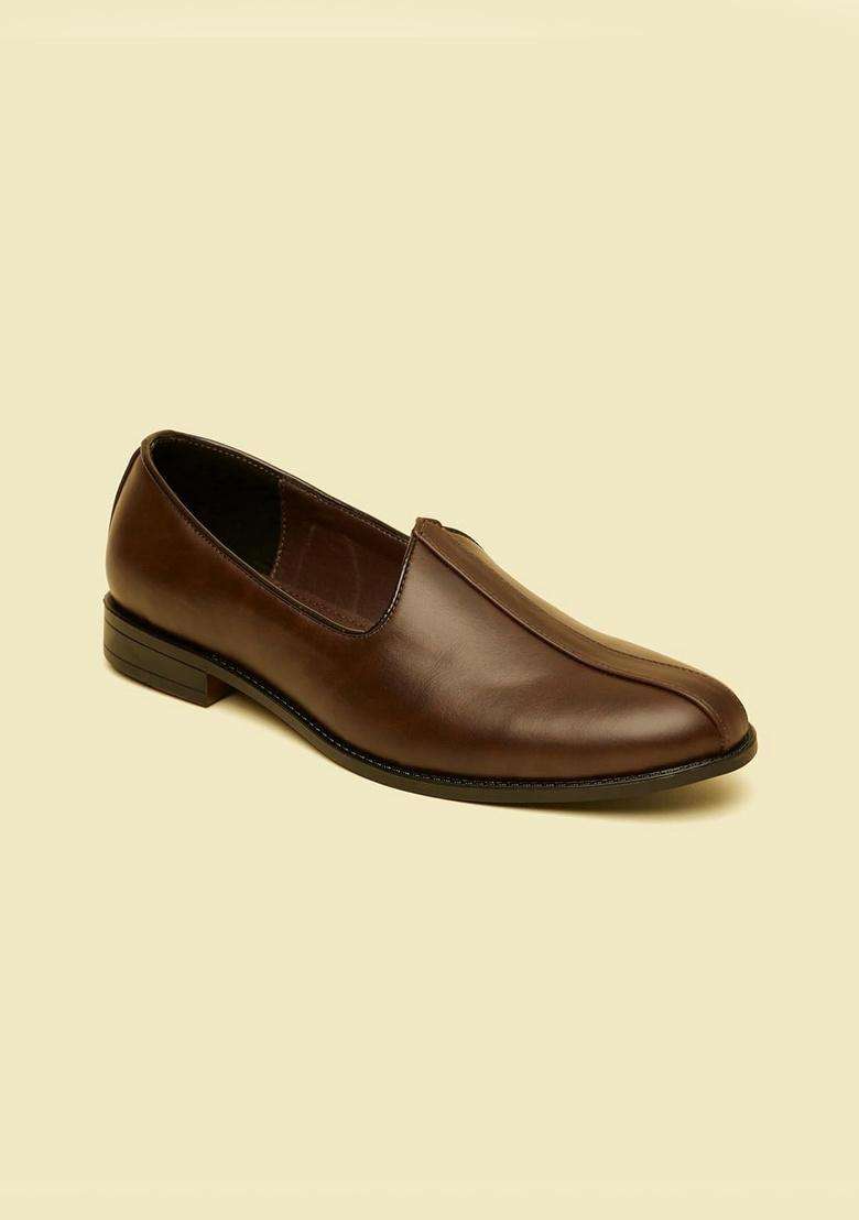 Manyavar Brown Detailed Piping Loafers Style Shoes Mens Ethnic Jutti - Indya