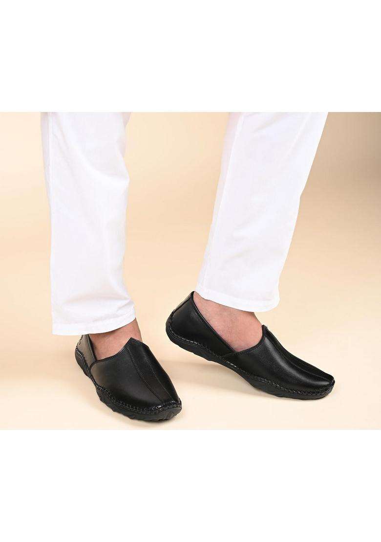 Louis Stitch Mens Ethnic Slip on Mojaris Black Genuine Leather Flexible Stylish Nagra Juti for Men - Indya