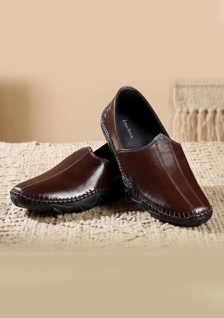 Louis Stitch Mens Ethnic Slip on Mojaris Brunette Brown Genuine Leather Flexible Stylish Nagra Juti for Men - Indya
