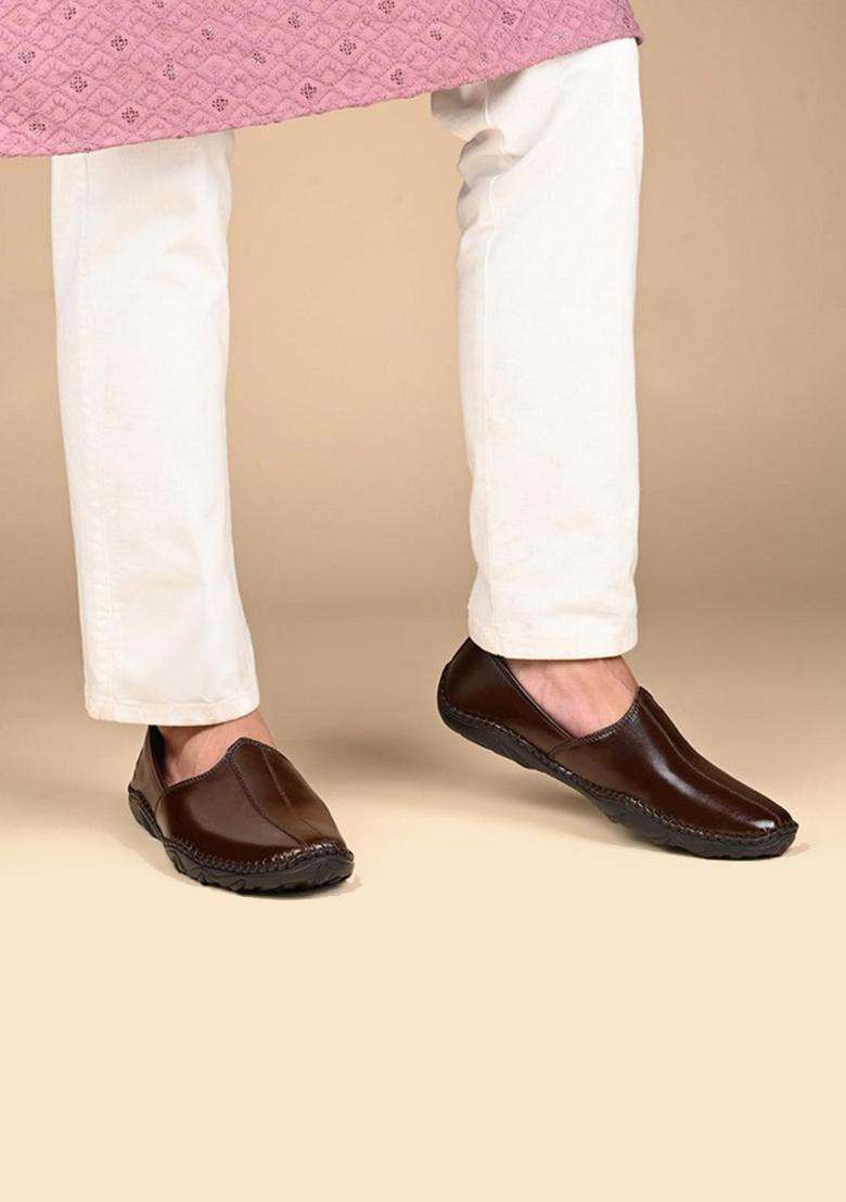 Louis Stitch Mens Ethnic Slip on Mojaris Brunette Brown Genuine Leather Flexible Stylish Nagra Juti for Men - Indya