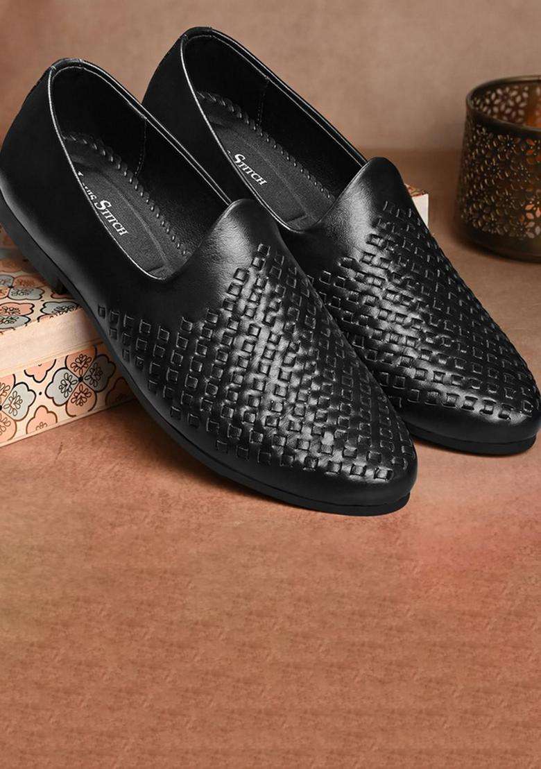 Louis Stitch Mens Jet Black Ethnic Weaved Textured Slip on Mojaris - Indya