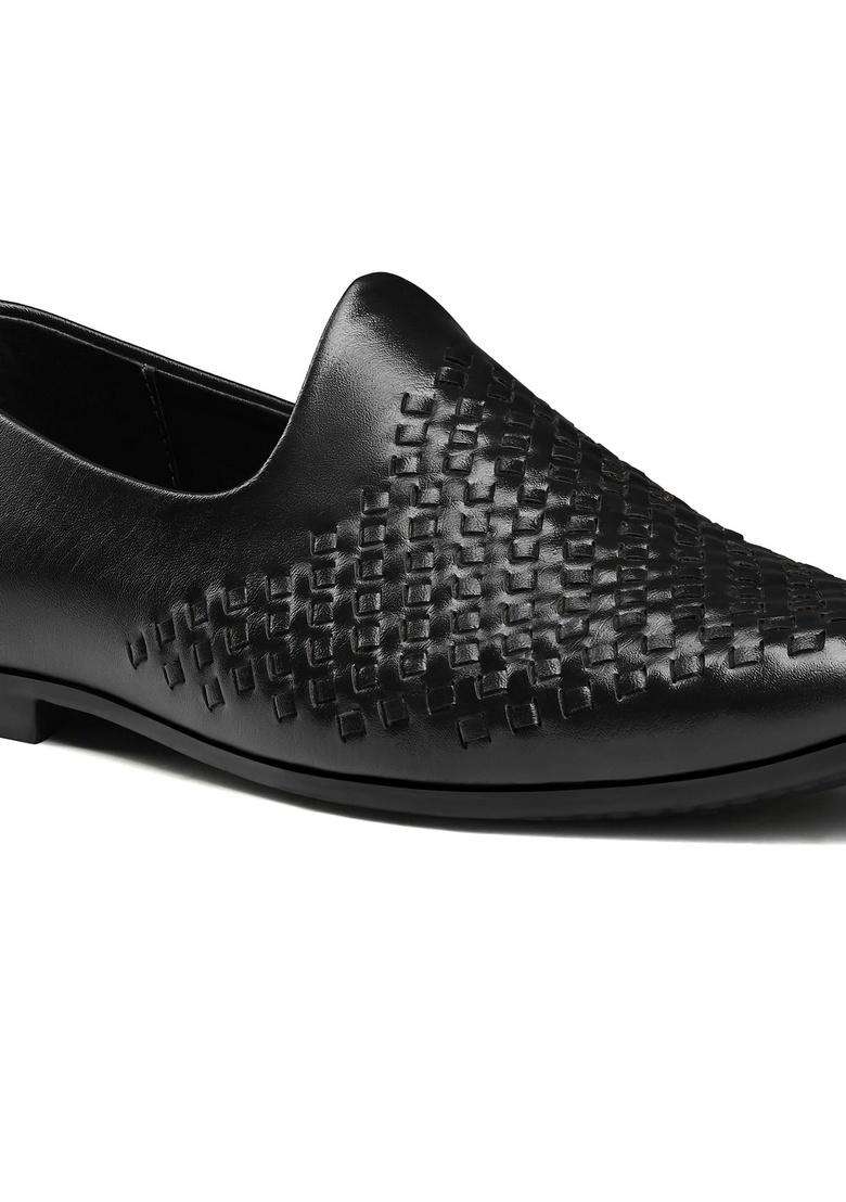 Louis Stitch Mens Jet Black Ethnic Weaved Textured Slip on Mojaris - Indya