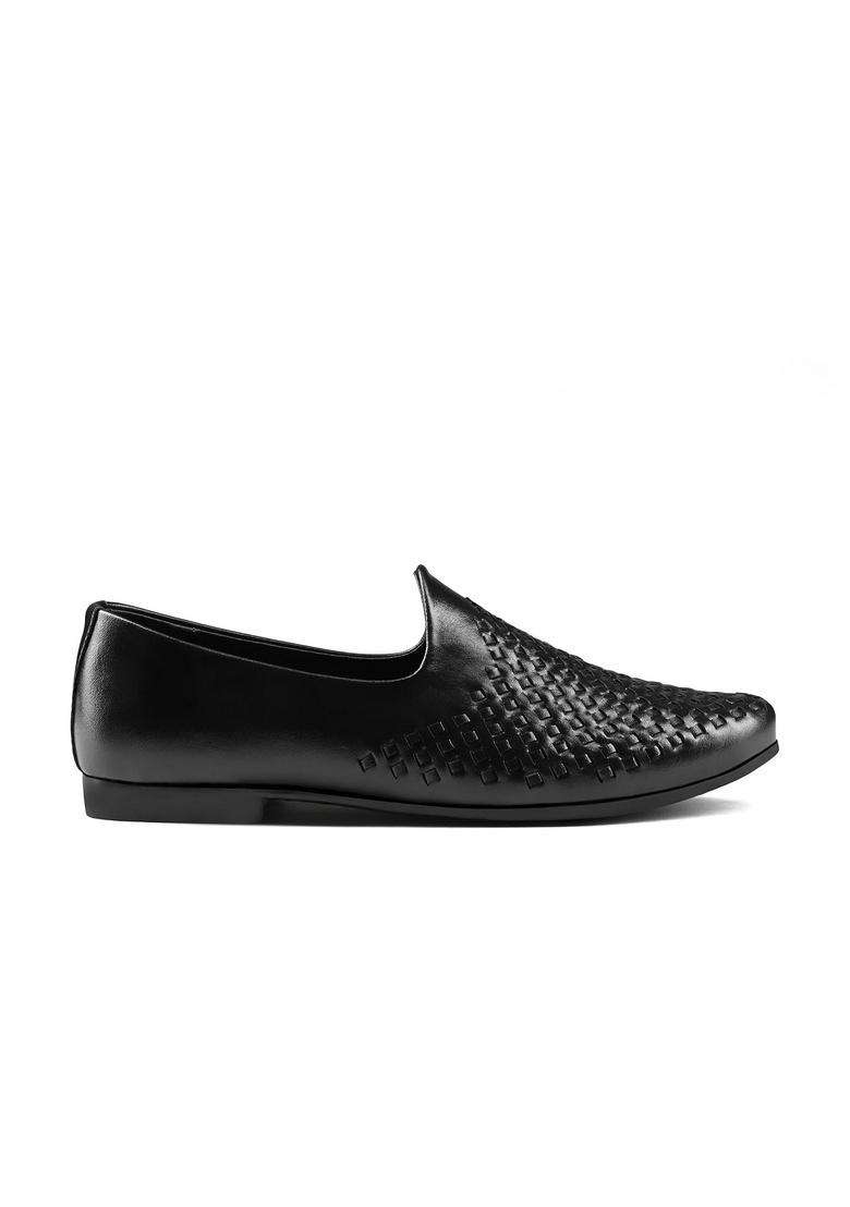 Louis Stitch Mens Jet Black Ethnic Weaved Textured Slip on Mojaris - Indya