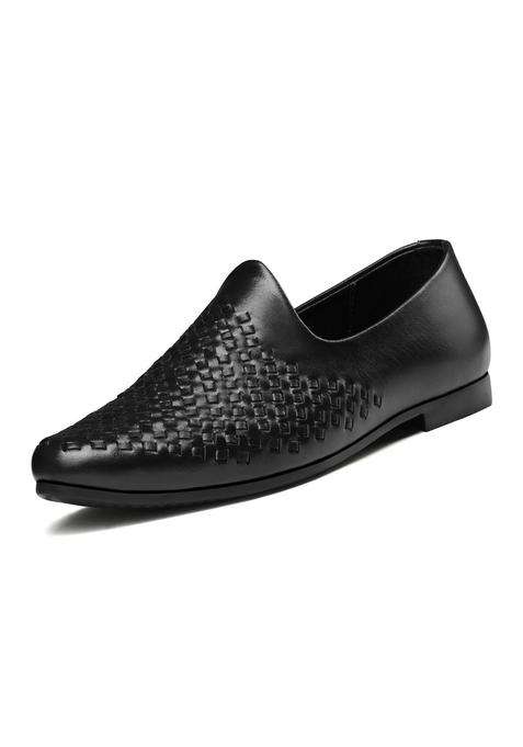 Louis Stitch Mens Jet Black Ethnic Weaved Textured Slip on Mojaris