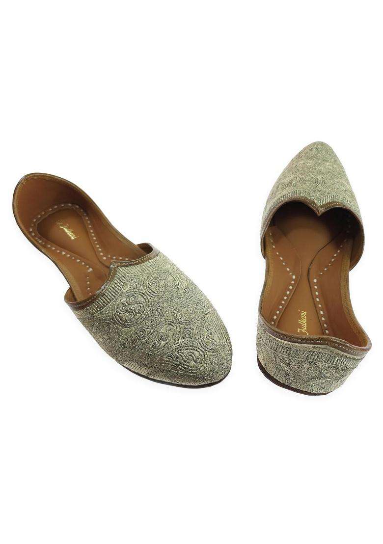 Fulkari Men Gold Zarri Embroidered Genuine Soft Leather Formal Jutis - Indya