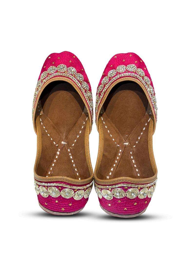 Ethniq Walks Designer Stone Embellished Vibrant Pink Jutti Flat Slip - Indya