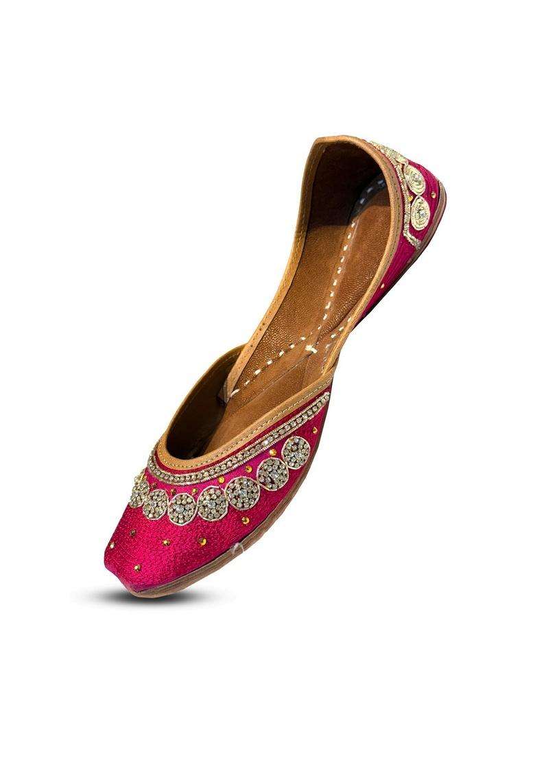 Ethniq Walks Designer Stone Embellished Vibrant Pink Jutti Flat Slip - Indya