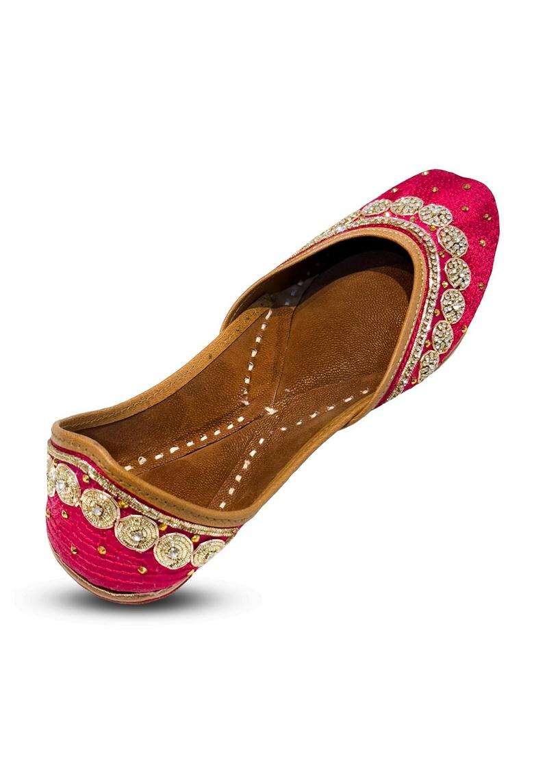 Ethniq Walks Designer Stone Embellished Vibrant Pink Jutti Flat Slip - Indya