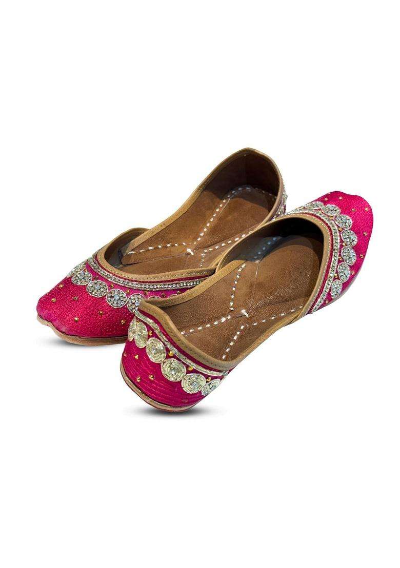 Ethniq Walks Designer Stone Embellished Vibrant Pink Jutti Flat Slip - Indya