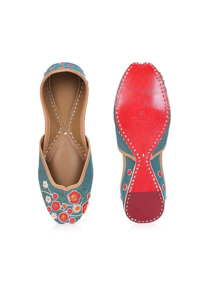 Summery Green Floral Jutti for Ladies Pure Leather Ladies Jooties Flat Shoes Mojari Mojri Mojdi Juti Mojaris - Indya