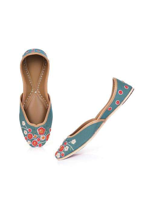 Summery Green Floral Jutti for Ladies Pure Leather Ladies Jooties Flat Shoes Mojari Mojri Mojdi Juti Mojaris