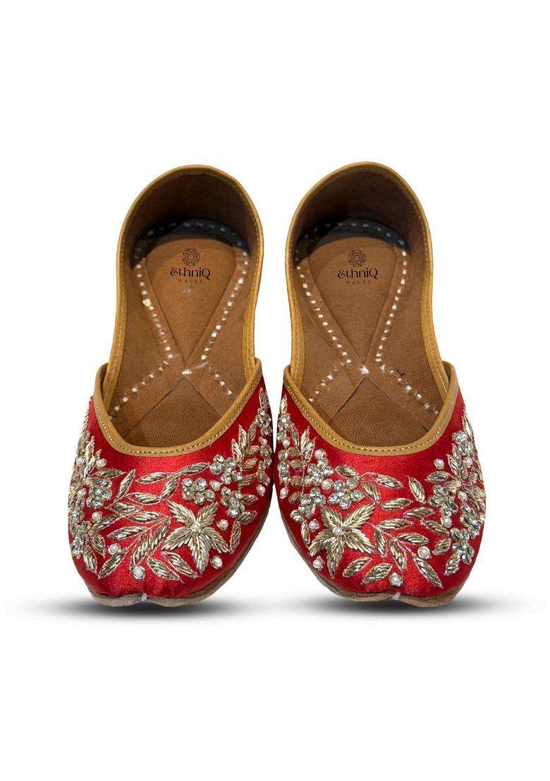 Ethniq Walks Crimson Jeweled Wedding Juttis Flat Slip - Indya