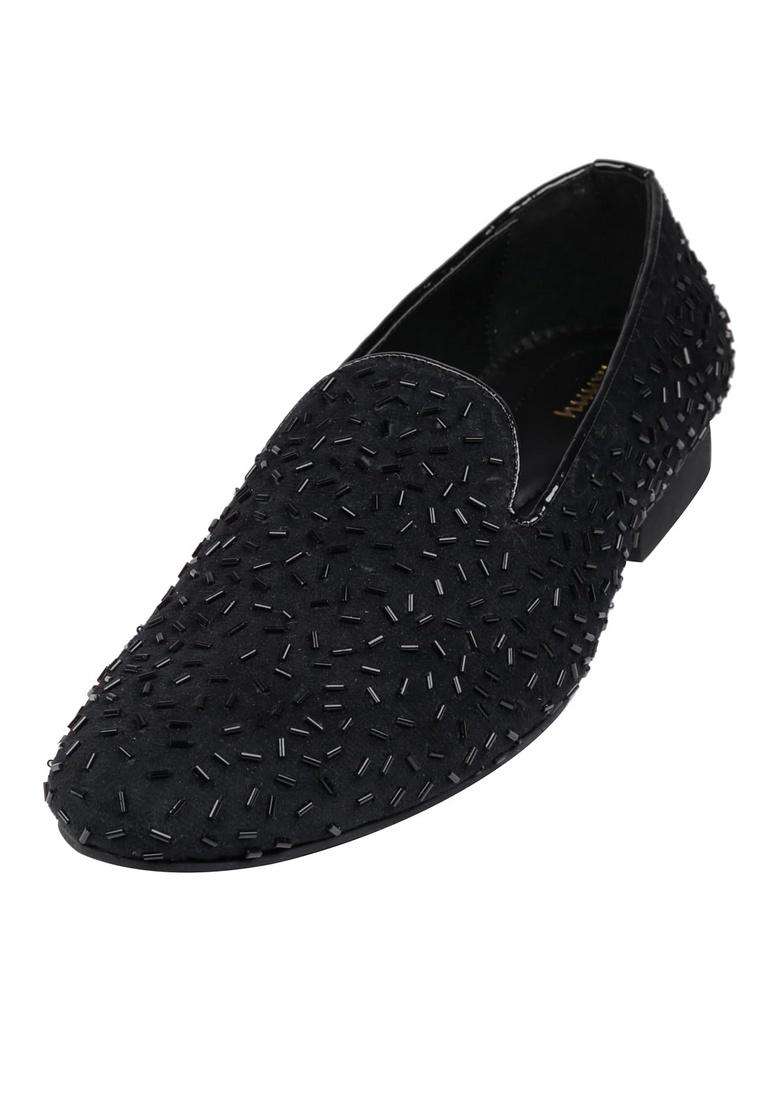 Tanny Shoes Mens Soft Touch Black Velvet Hand Embroidered Katdana Work Slip on Juttis and Mojaris for Bridal - Indya