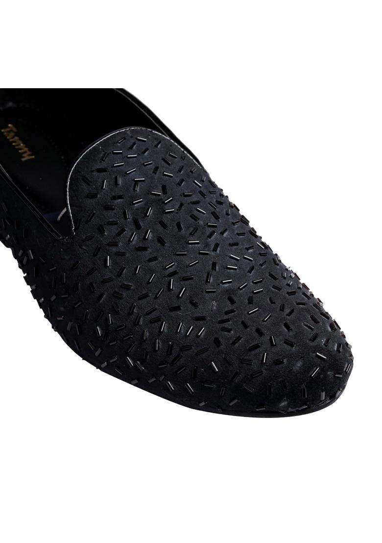 Tanny Shoes Mens Soft Touch Black Velvet Hand Embroidered Katdana Work Slip on Juttis and Mojaris for Bridal - Indya