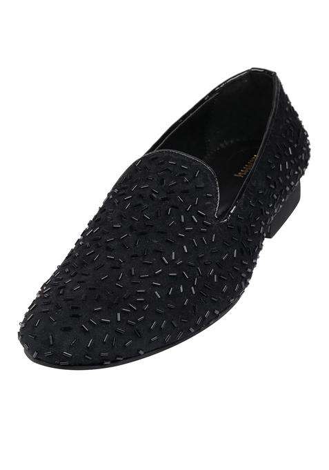 Tanny Shoes Mens Soft Touch Black Velvet Hand Embroidered Katdana Work Slip on Juttis and Mojaris for Bridal