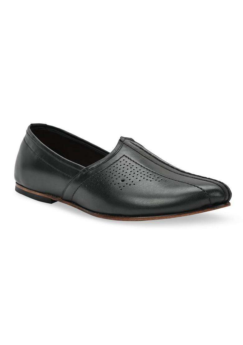 Regal Black Men Leather Laser Cut Juttis - Indya