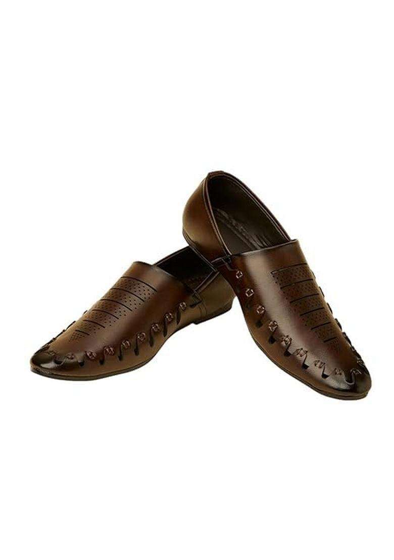 Manyavar Dark Brown Loafer Style Self Design Shoes Mens Ethnic Jutti - Indya