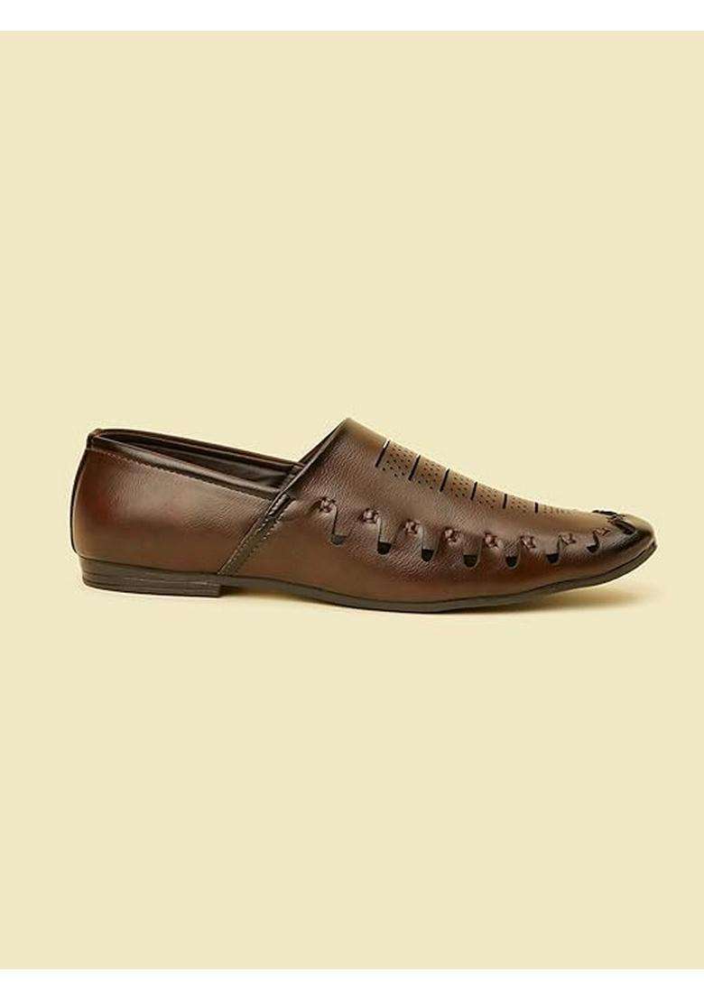 Manyavar Dark Brown Loafer Style Self Design Shoes Mens Ethnic Jutti - Indya