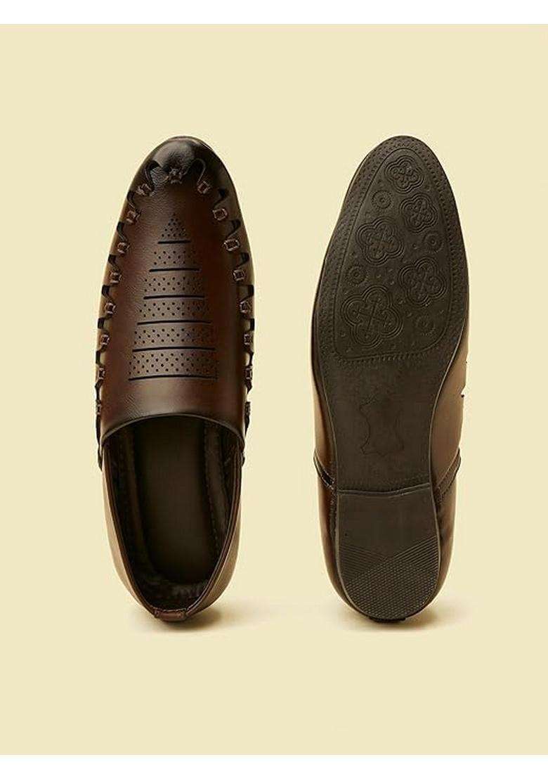 Manyavar Dark Brown Loafer Style Self Design Shoes Mens Ethnic Jutti - Indya