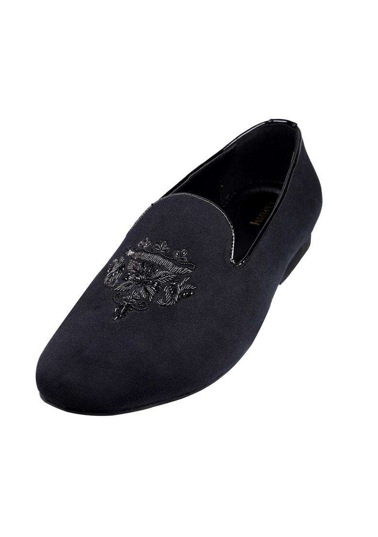 Tanny Shoes Mens Soft Touch Black Velvet Zardozi Hand Embroidery Motif Slip on Jutti for Bridal Party Casual - Indya