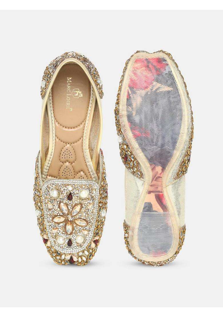 Marc Loire Gold Womens Embellished Ethnic Mojaris Traditional Slip on Flat Footwear with Cushioned Insole - Indya