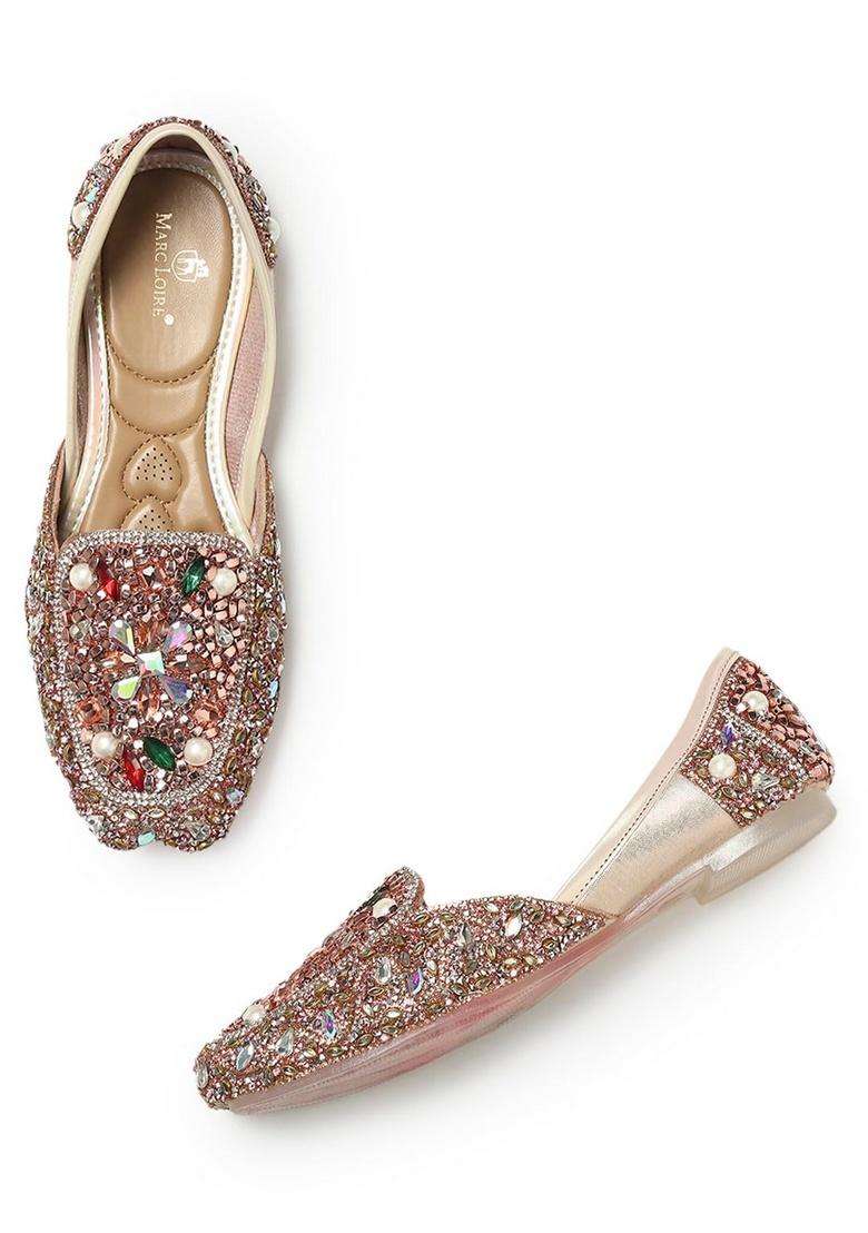 Marc Loire Womens Embellished Ethnic Mojaris Traditional Slip on Flat Footwear with Cushioned Insole and TPR - Indya