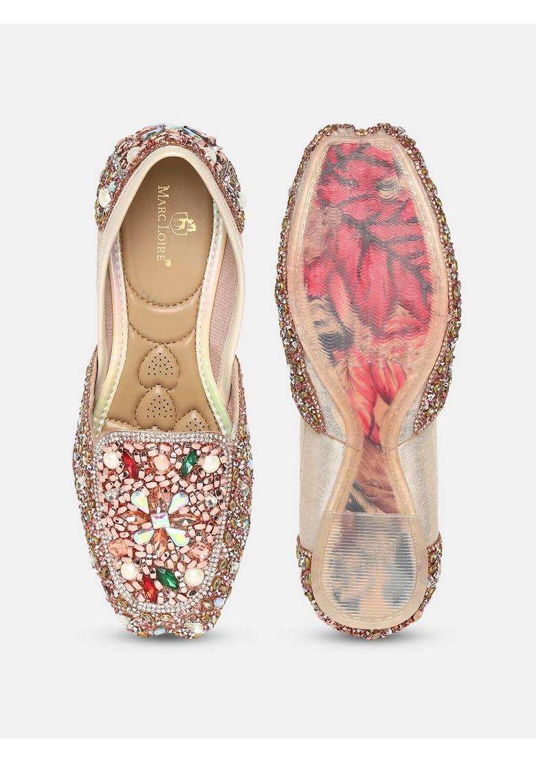 Marc Loire Womens Embellished Ethnic Mojaris Traditional Slip on Flat Footwear with Cushioned Insole and TPR - Indya