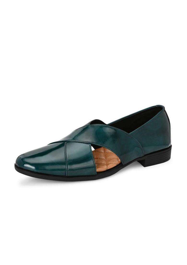 HITZ Mens Green Patent Leather Ethnic Shoes - Indya