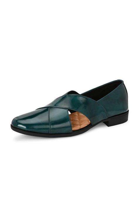 HITZ Mens Green Patent Leather Ethnic Shoes
