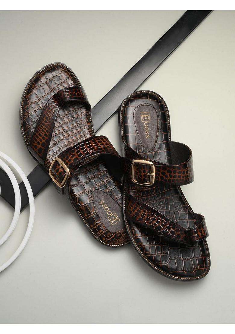 Egoss Premium Croc Textured Leather Toe Ring Sandals for Mens - Indya