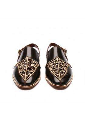 Costoso Italiano Mens Black Leather Peshawari Sandals Handcrafted Embroidered Slip on Ethnic Sandals