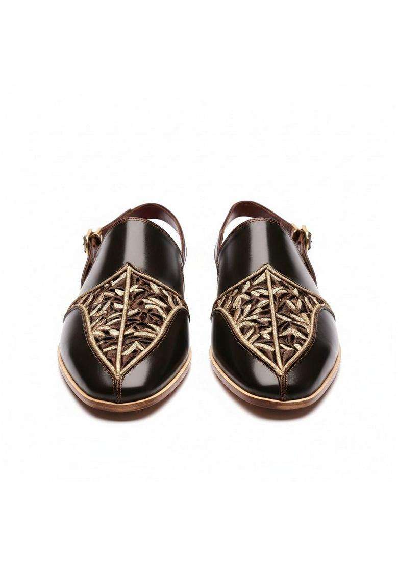 Costoso Italiano Mens Black Leather Peshawari Sandals Handcrafted Embroidered Slip on Ethnic Sandals - Indya