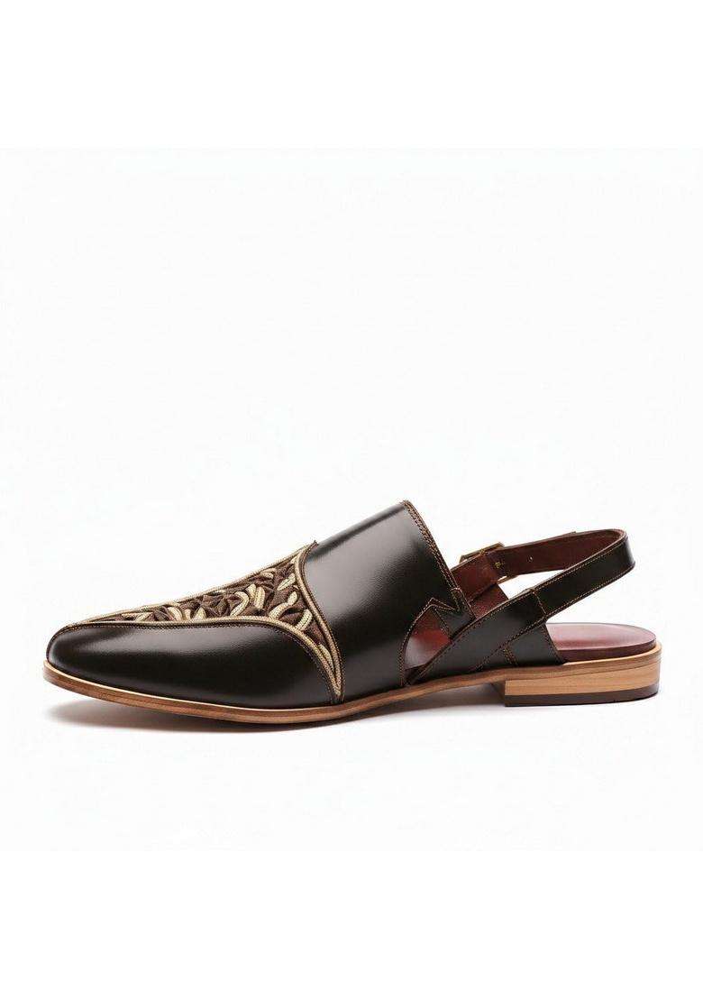Costoso Italiano Mens Black Leather Peshawari Sandals Handcrafted Embroidered Slip on Ethnic Sandals - Indya