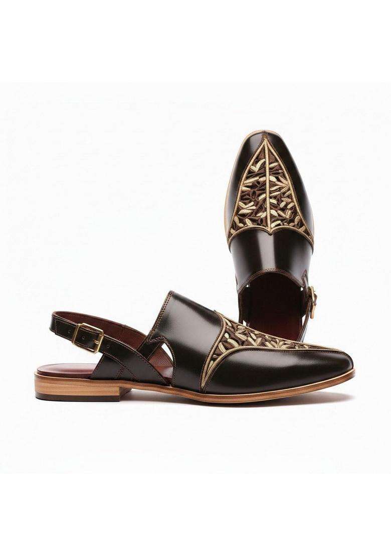 Costoso Italiano Mens Black Leather Peshawari Sandals Handcrafted Embroidered Slip on Ethnic Sandals - Indya