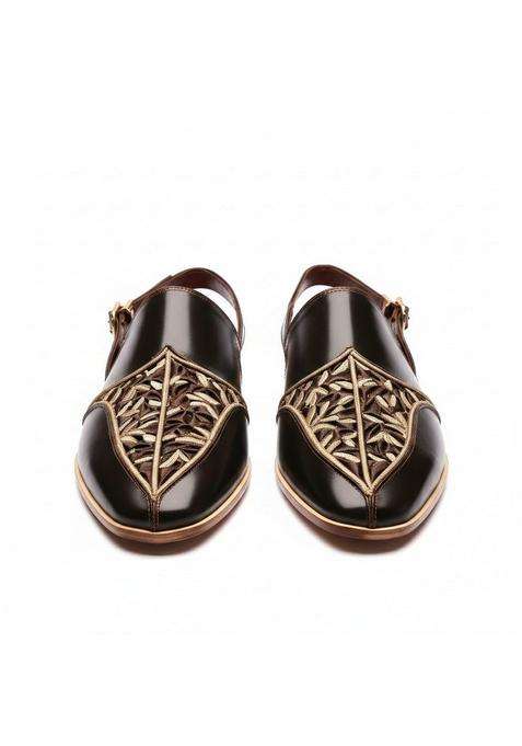 Costoso Italiano Mens Black Leather Peshawari Sandals Handcrafted Embroidered Slip on Ethnic Sandals