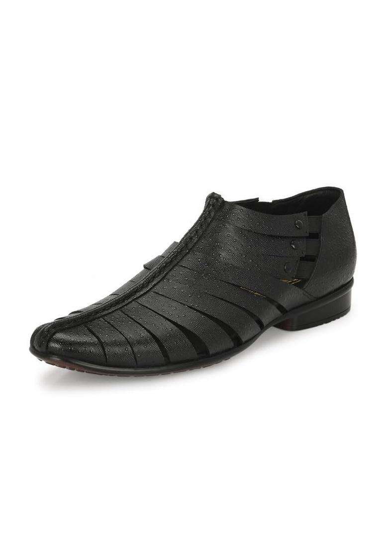 HITZ Mens Black Leather Slip on Ethnic Shoes - Indya
