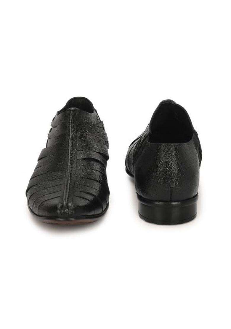 HITZ Mens Black Leather Slip on Ethnic Shoes - Indya