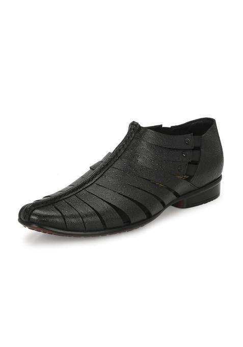 HITZ Mens Black Leather Slip on Ethnic Shoes