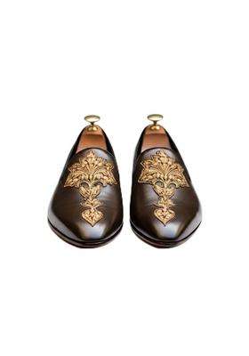 Costoso Italiano Mens Brown Leather Loafers Gold Embroidered Slip on Shoes