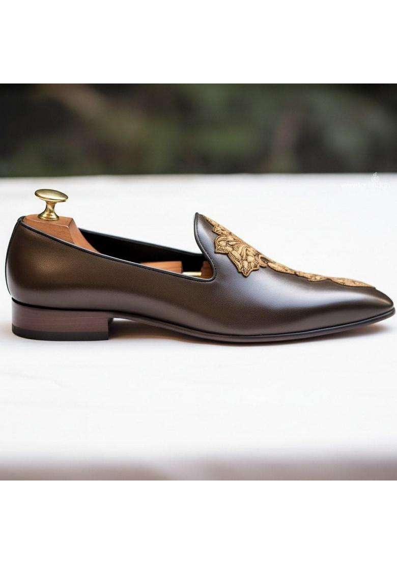 Costoso Italiano Mens Brown Leather Loafers Gold Embroidered Slip on Shoes - Indya