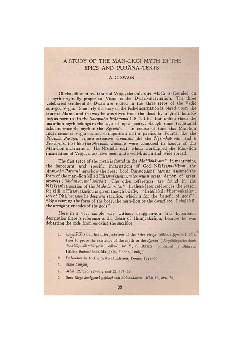 A Study Of The Man-Lion Myth In The Epics And Purana-Texts (An Old And Rare Book) - Indya