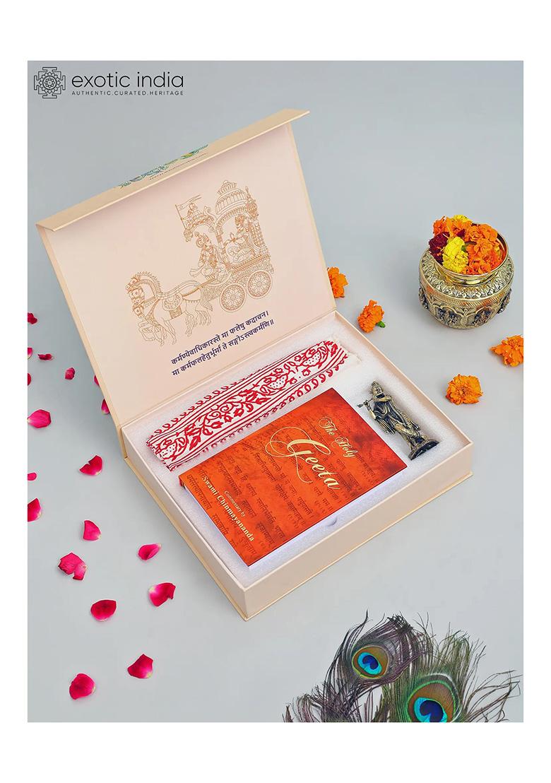The Holy Geeta Gift Box With Gita, Krishna Brass Statue And Hare Krishna Prayershawl - Indya