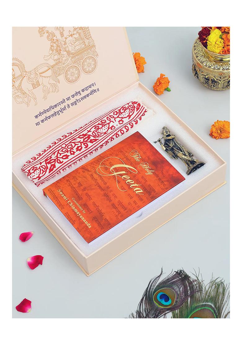 The Holy Geeta Gift Box With Gita, Krishna Brass Statue And Hare Krishna Prayershawl - Indya
